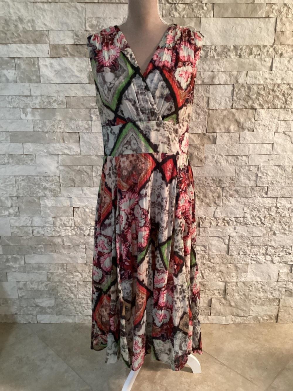 Vintage J. Peterman Patchwork Floral Geometric Chiffon Midi Dress Sz M